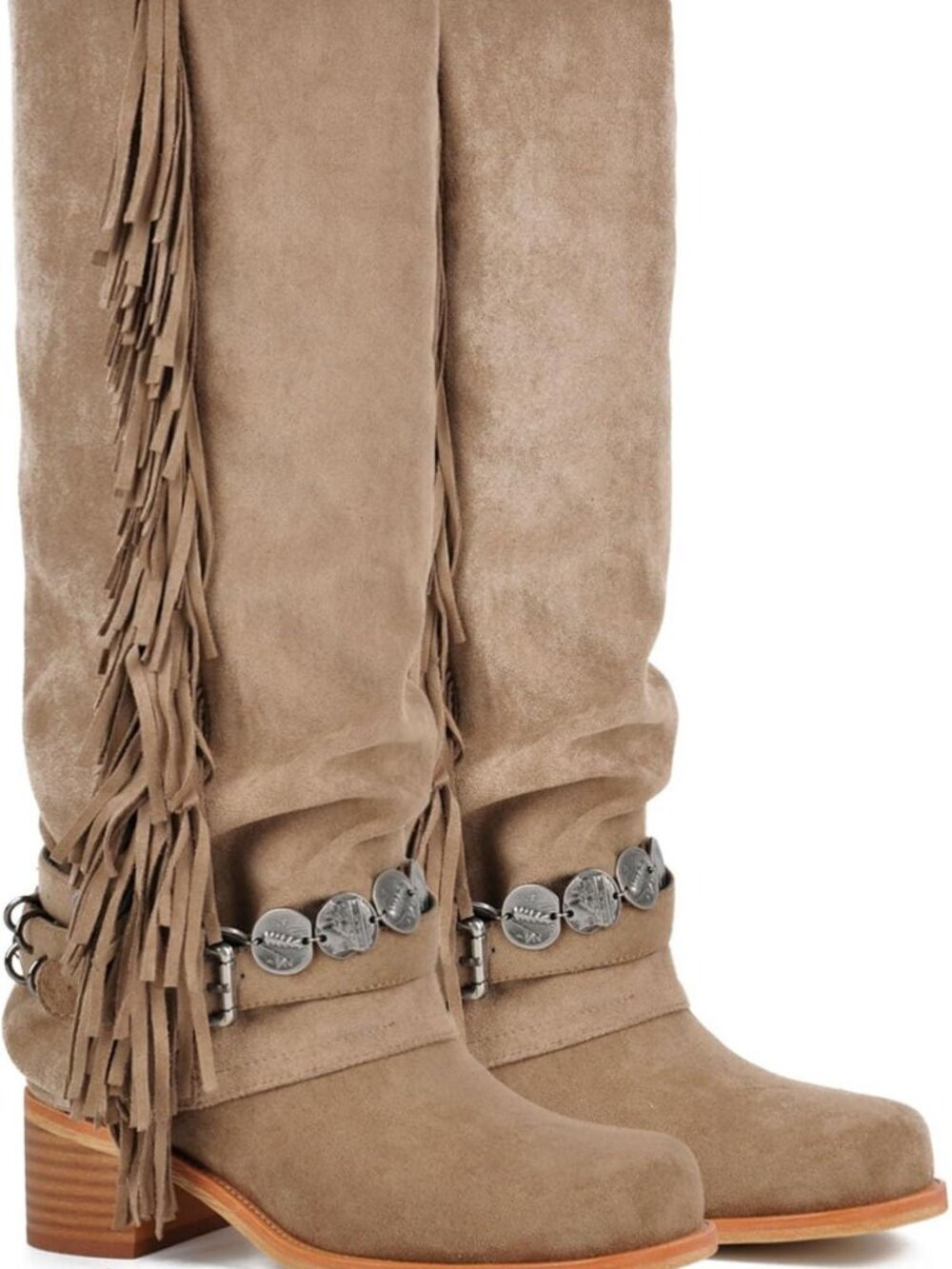 Stylish Knee High Riding Boots with Fringes, Buckle Straps, Chunky Heel, Square